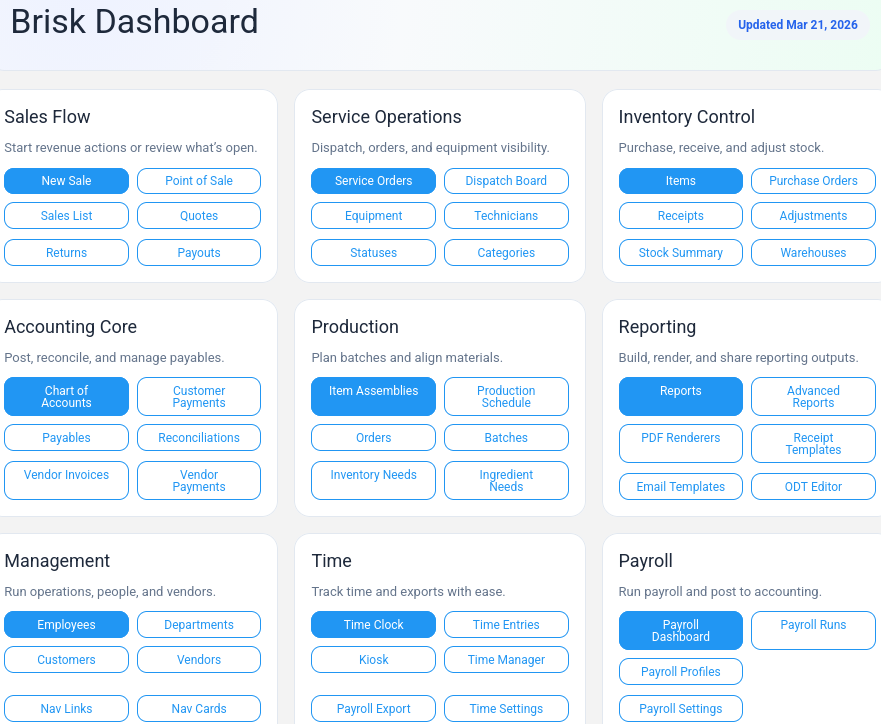 Brisk dashboard showing sales, service, inventory, accounting, production, and reporting in one system