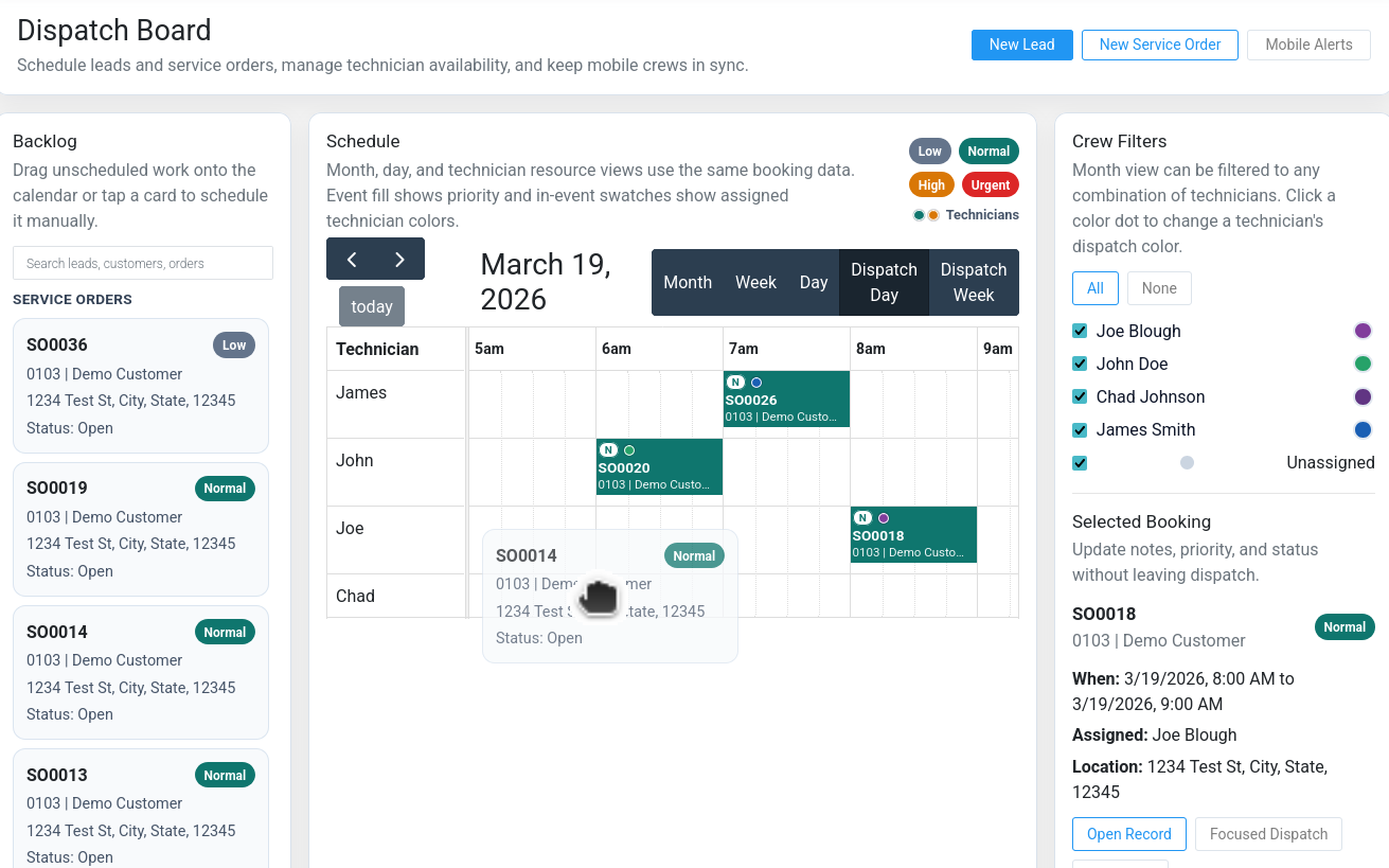 Brisk dispatch board showing technician scheduling and service dispatch
