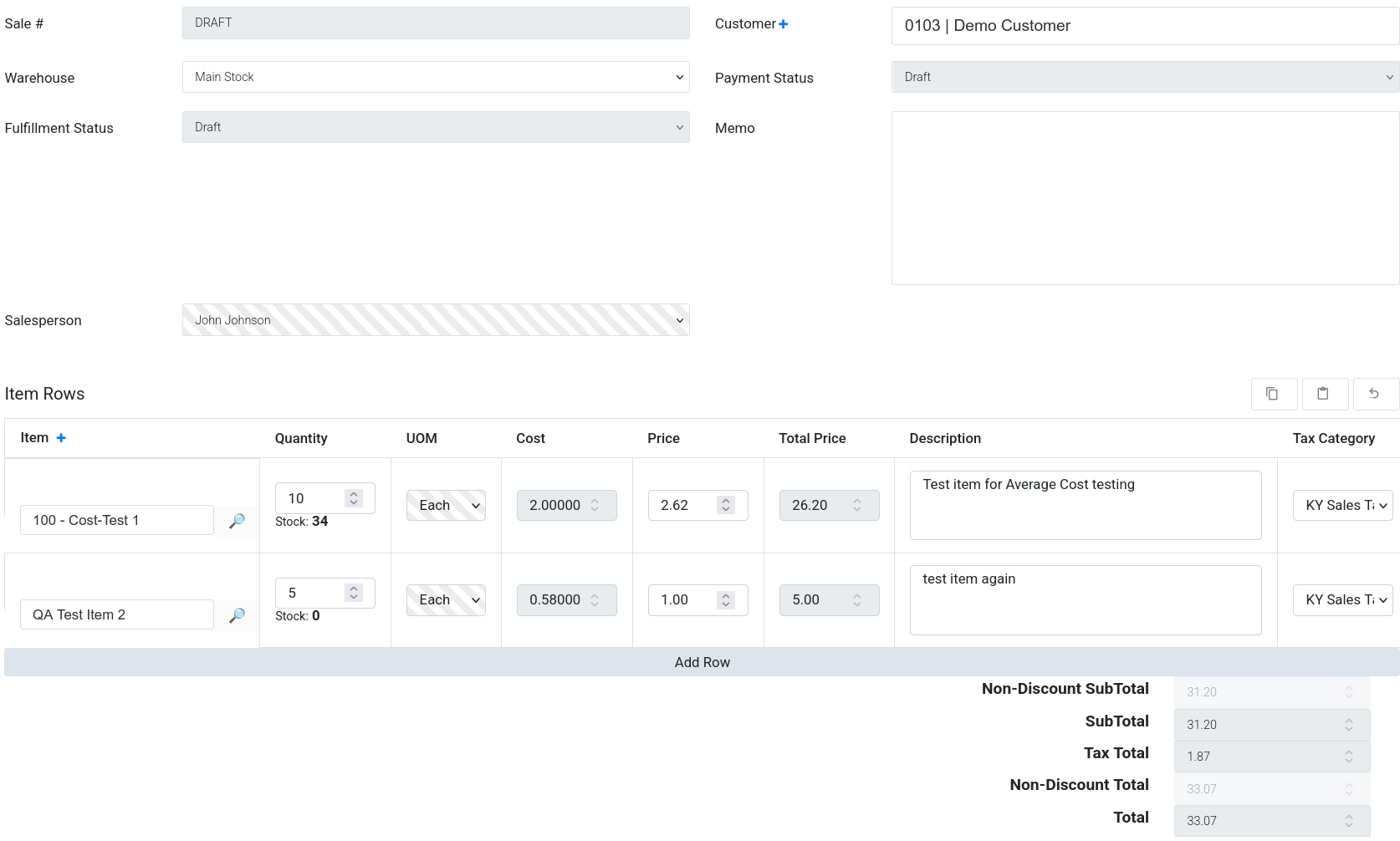 Brisk sales transaction screen showing line items, pricing, tax, totals, and customer details