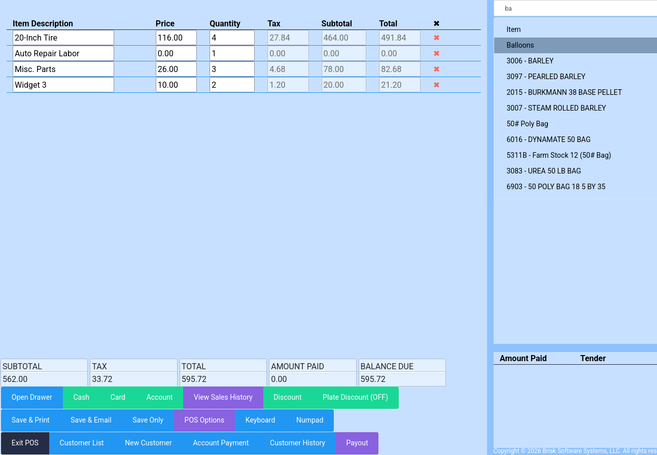 Brisk point of sale screen showing items, quantities, totals, payment options, and product lookup