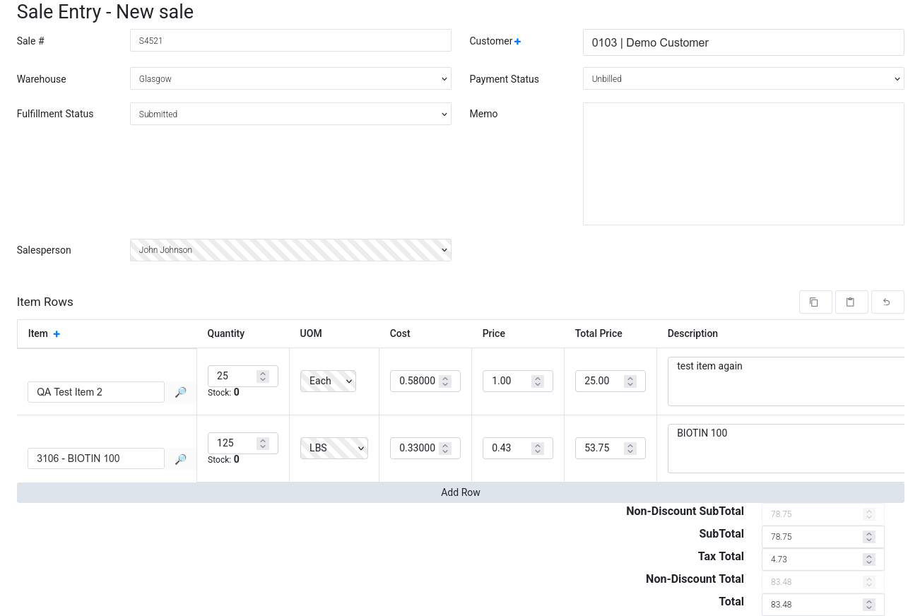 Brisk sale entry screen showing line items, pricing, totals, and transaction workflow